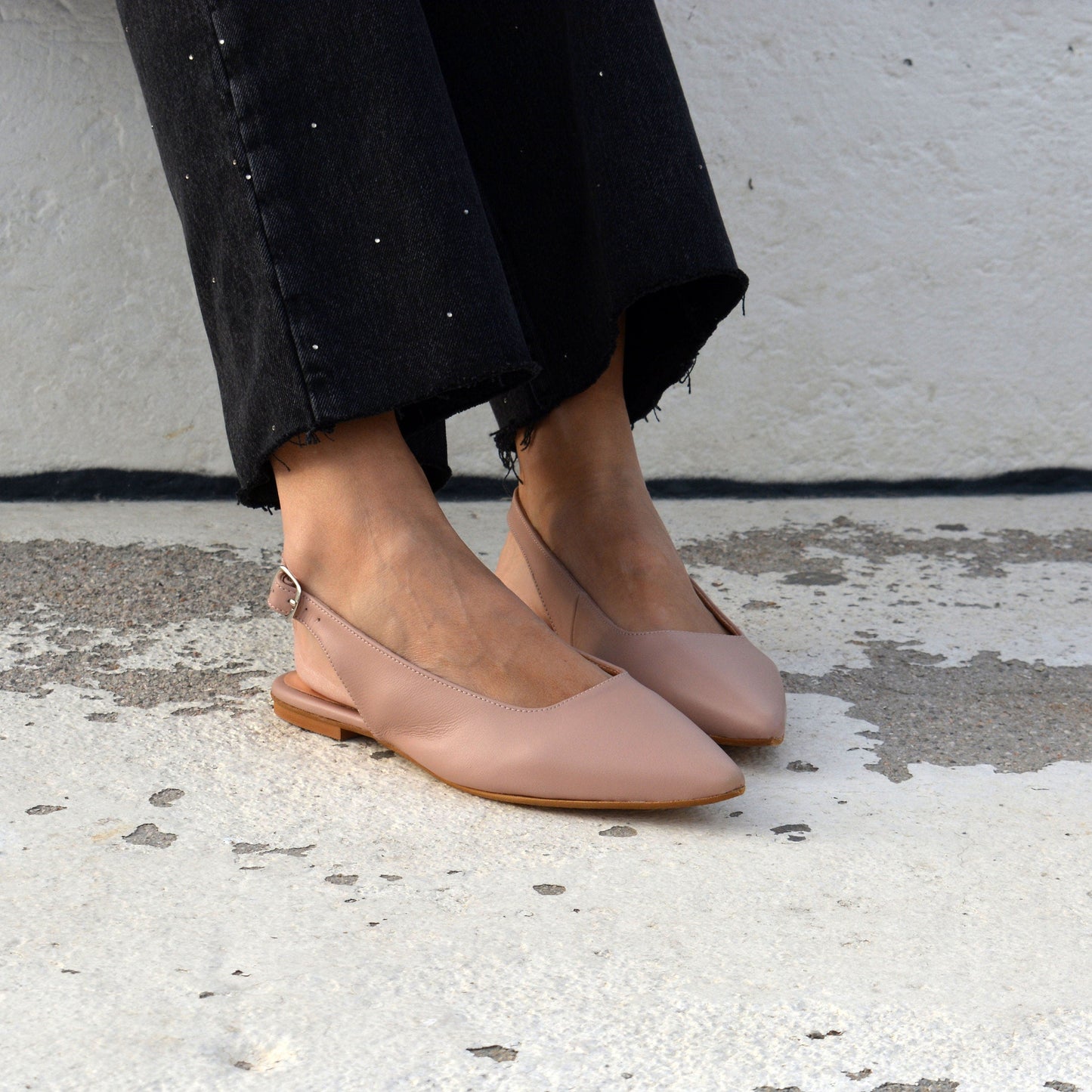 Black Leather Slingback Flats 'Querida'