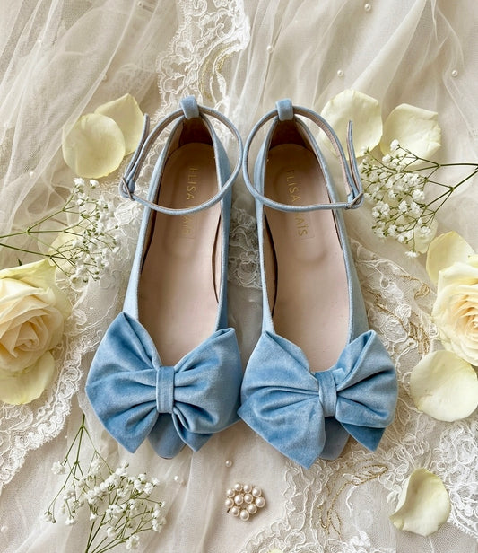 Light Blue Velvet Bow Ballet Flats SKY