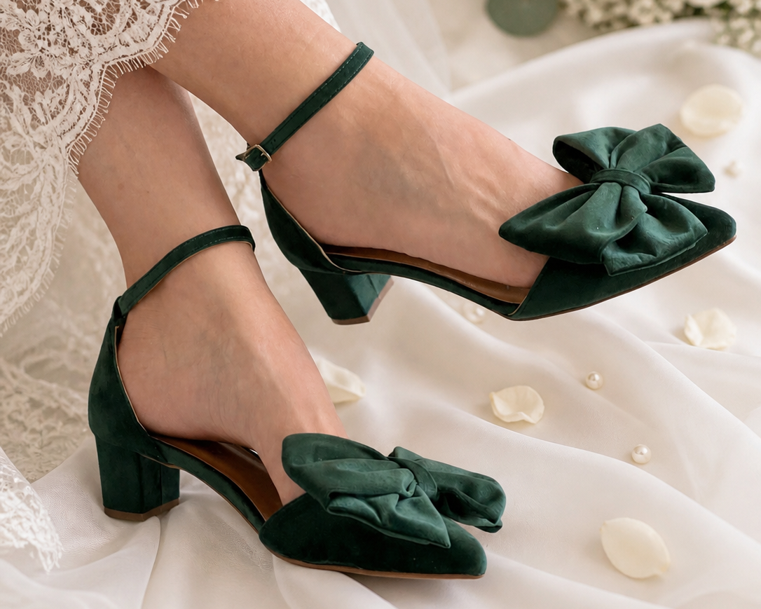 Green wedding shoes with bows worn by a bride on a white fabric background with flowers.