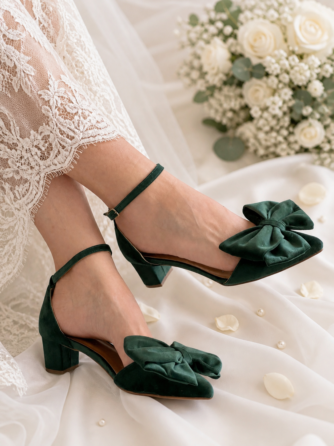 Green wedding shoes with bows worn by a bride on a white fabric background with flowers.