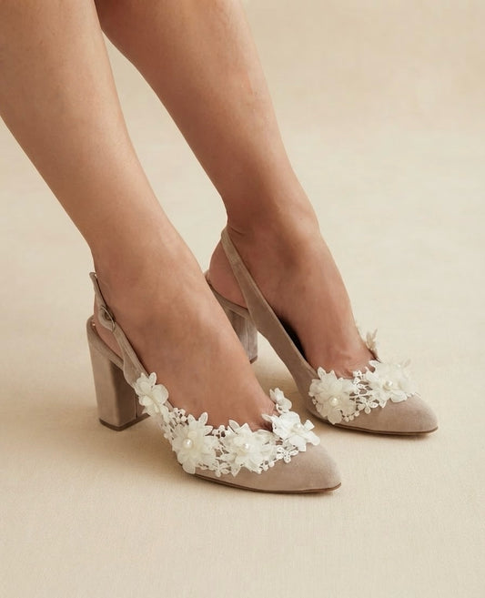 Beige Floral Velvet Block Heels AMELISE