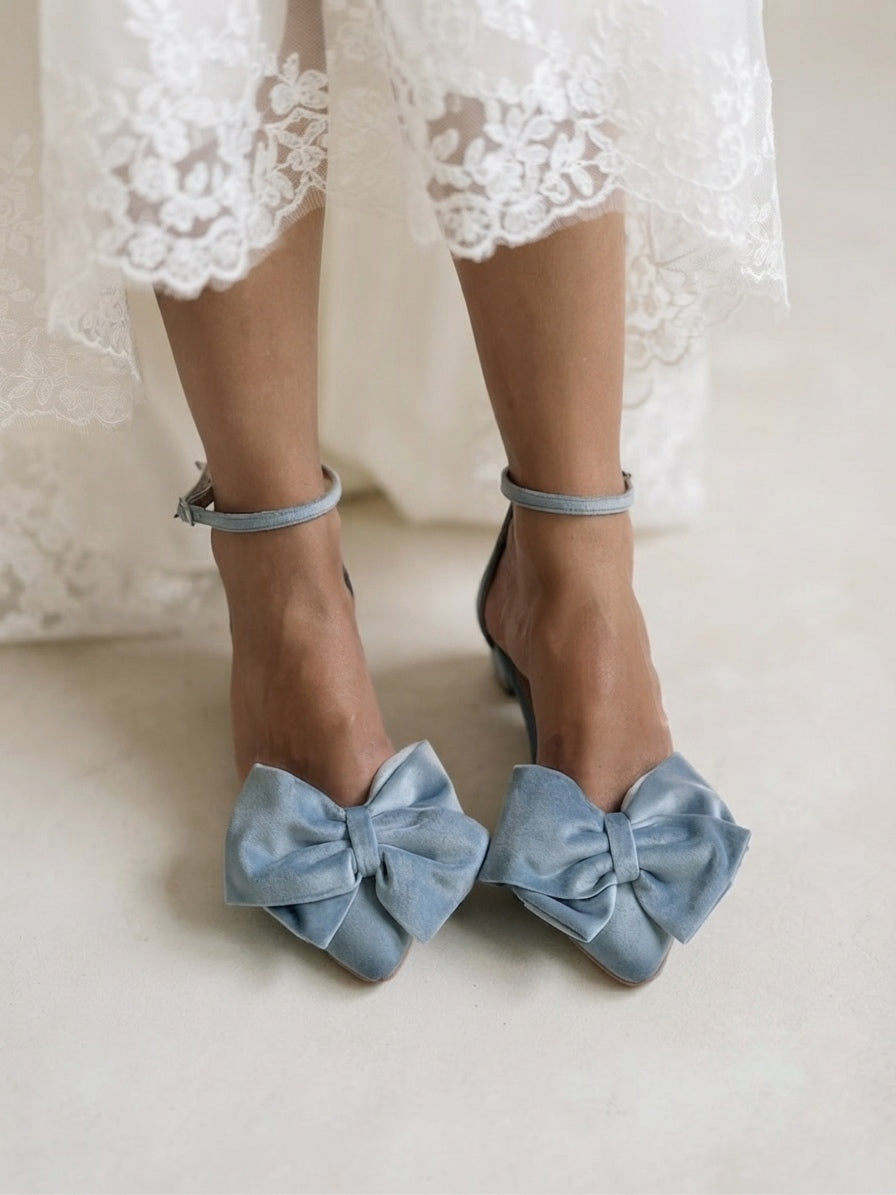 Dusty Blue Velvet Bow Flats MADDIE