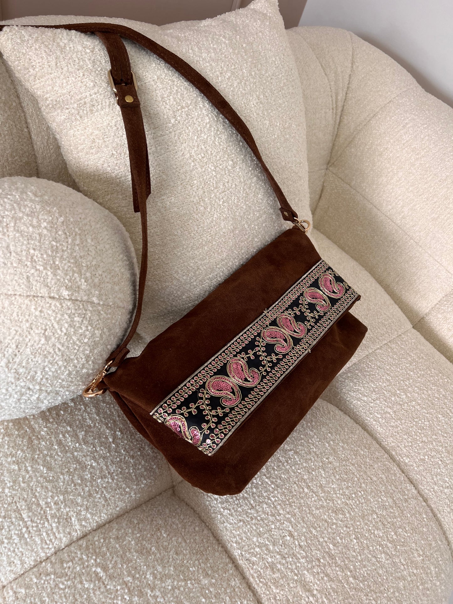 BELLA Chocolate Brown Suede Foldover Crossbody Bag