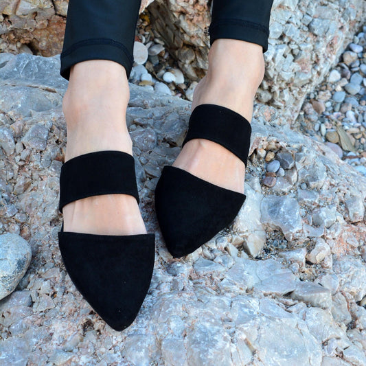 Black Pointy Suede Leather Mules Vilma