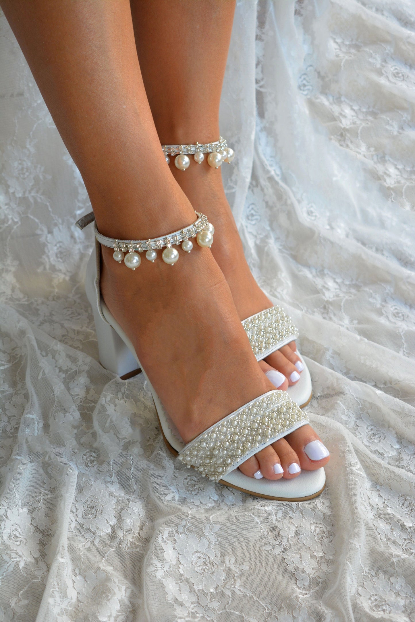 Block heel Wedding sandals/ White leather heels/ Bridal shoes/ Pearl Wedding shoes/ Bridal sandals/ Pearl Heels ''DUTCHESS''