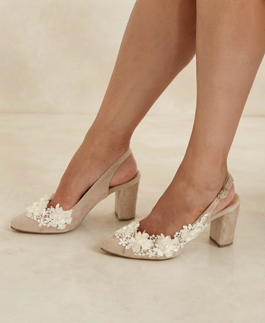 Beige Floral Velvet Block Heels AMELISE