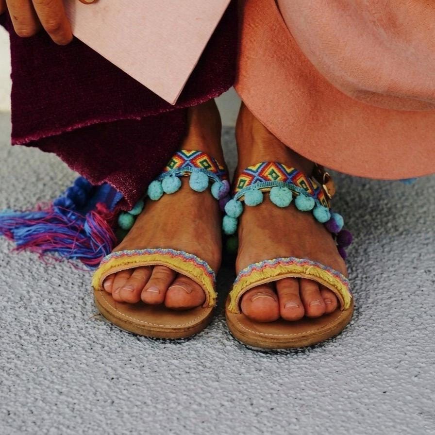 BELIZE Bohemian Pom-Pom Leather Sandals