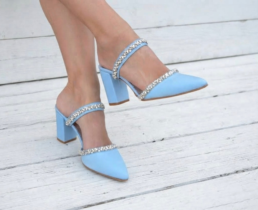 Baby Blue Satin Mules AURORA