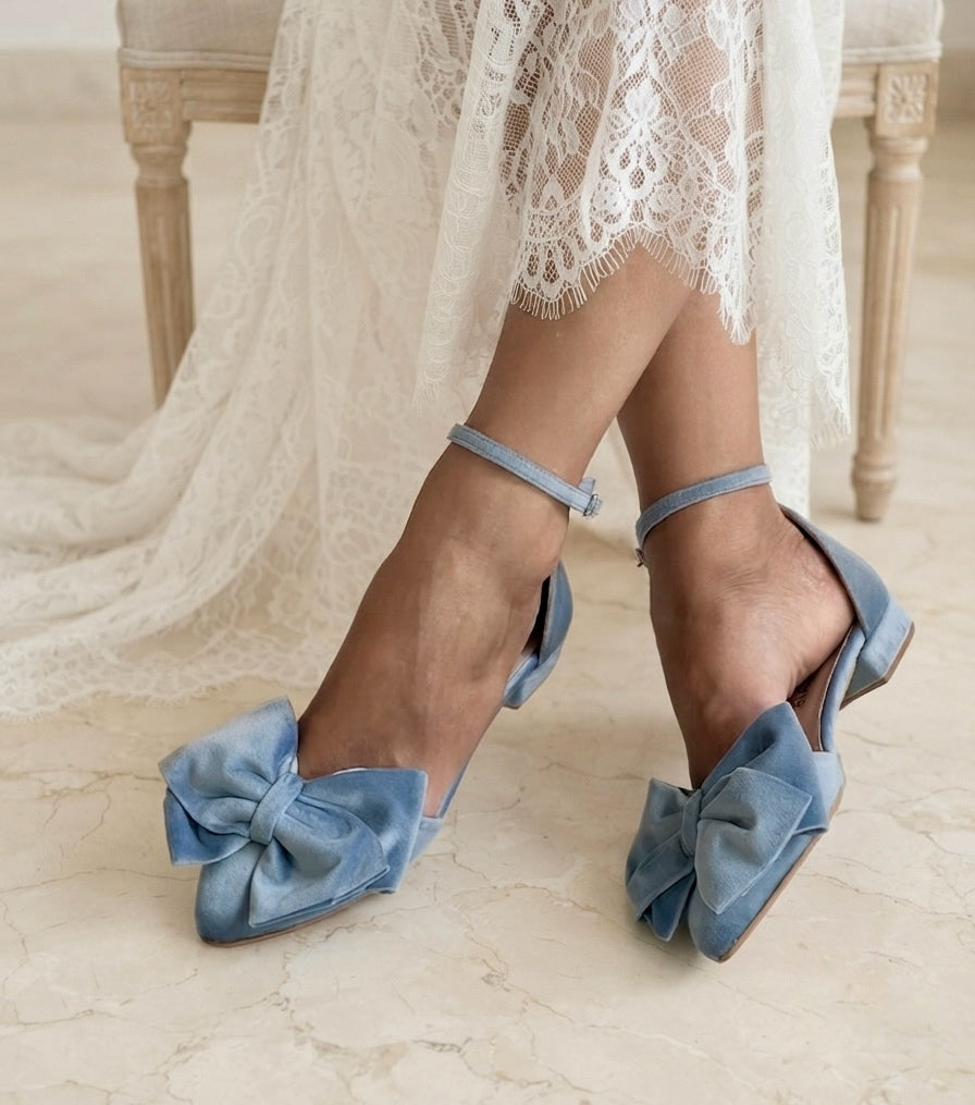 Dusty Blue Velvet Bow Flats MADDIE
