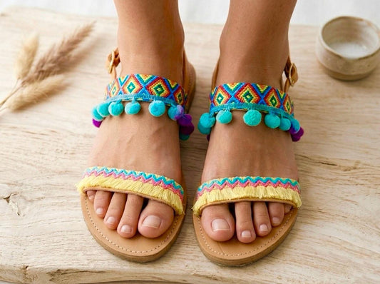 BELIZE Bohemian Pom-Pom Leather Sandals