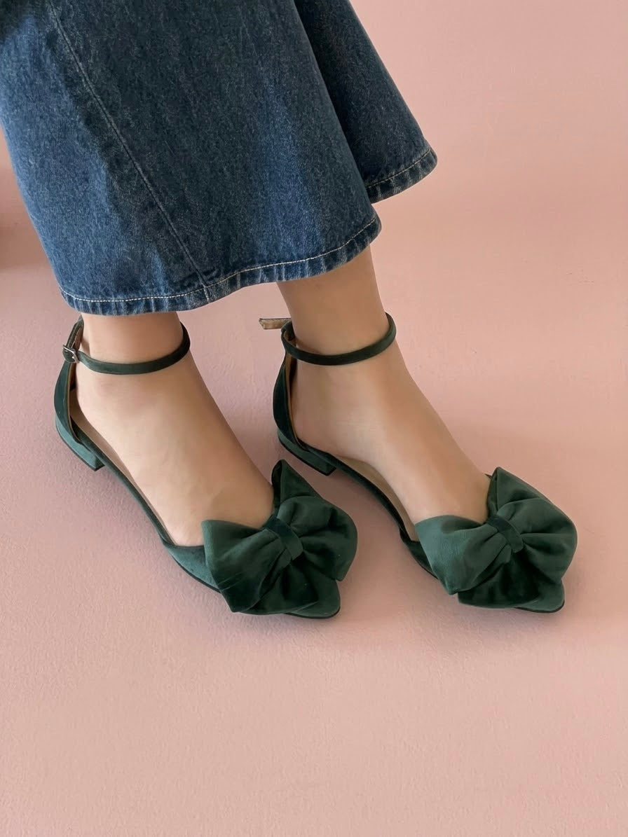 Emerald Velvet Bow Flats with Ankle Strap MADDIE