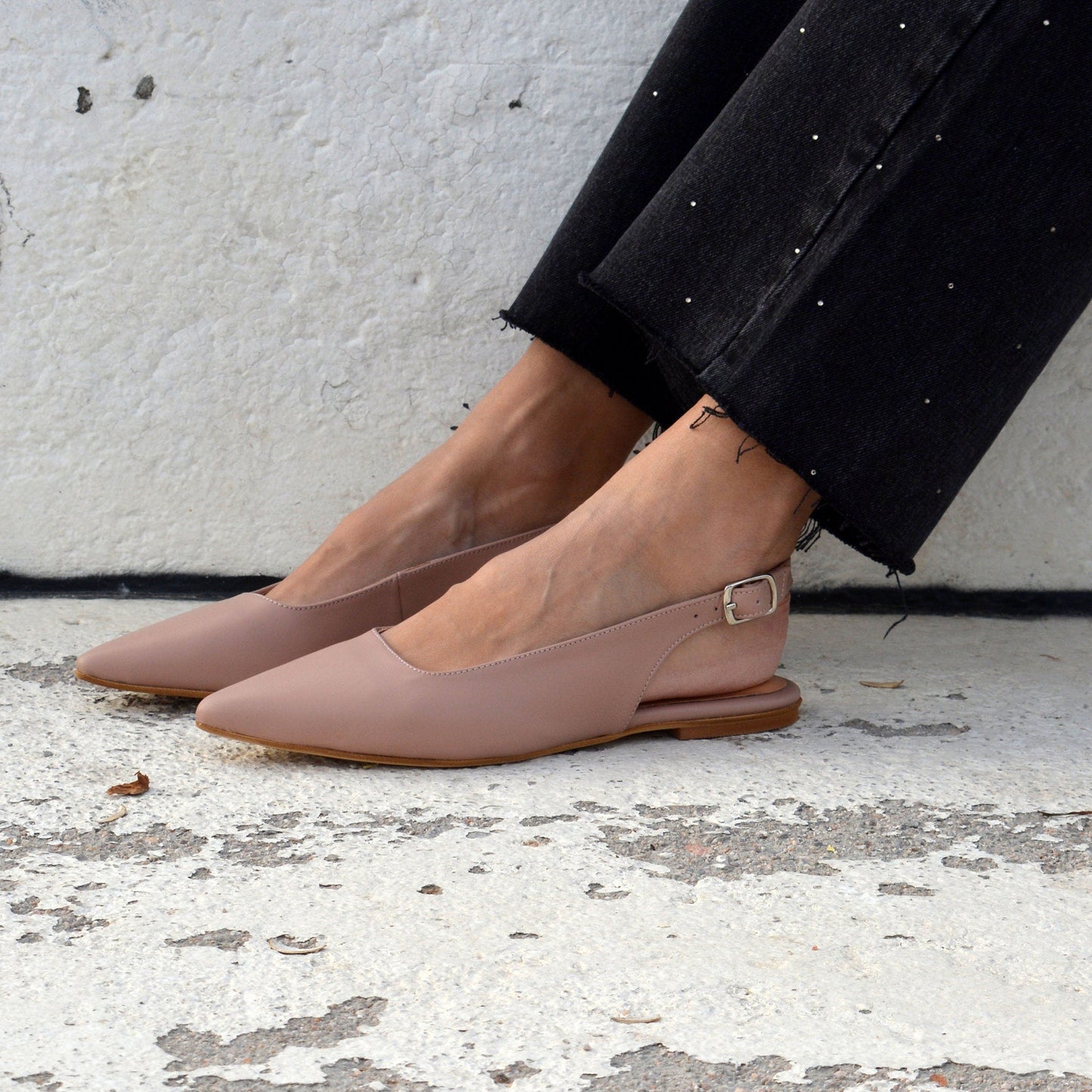 Black Leather Slingback Flats 'Querida'