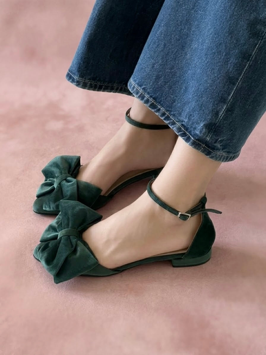 Emerald Velvet Bow Flats with Ankle Strap MADDIE
