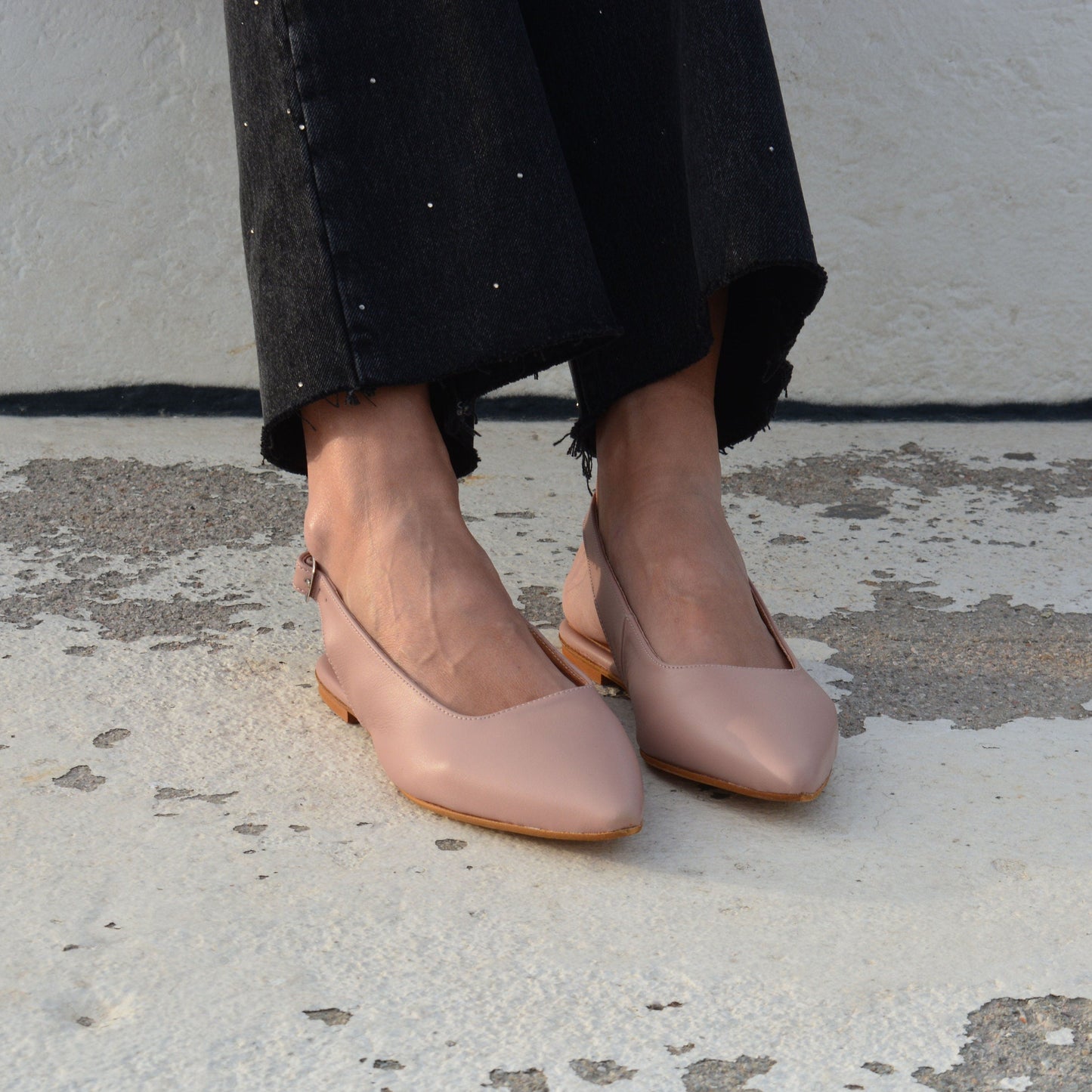 Black Leather Slingback Flats 'Querida'