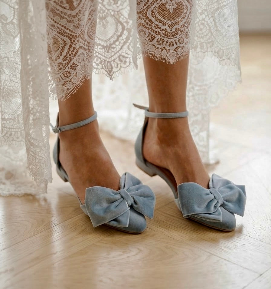 Dusty Blue Velvet Bow Flats MADDIE