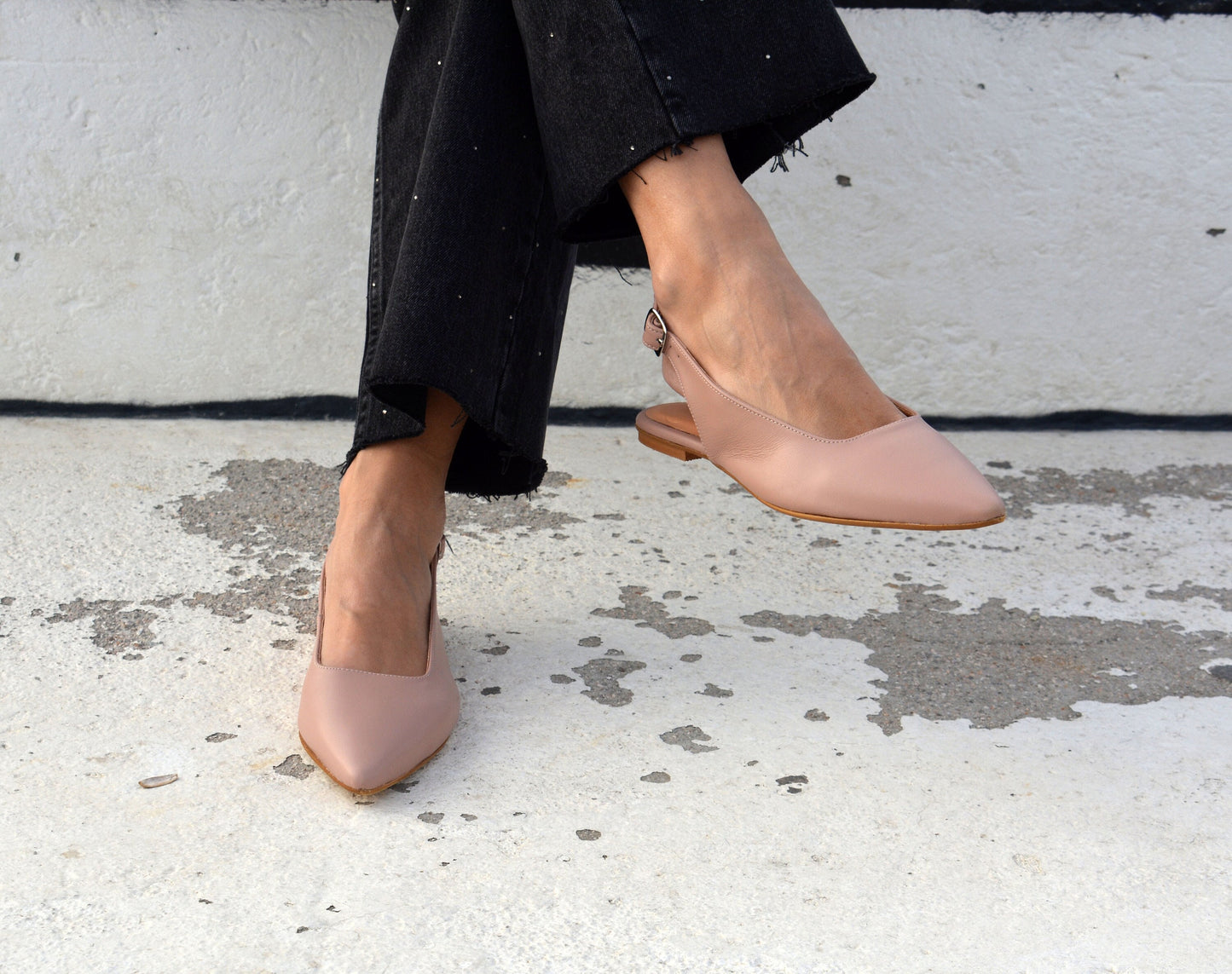 Black Leather Slingback Flats 'Querida'