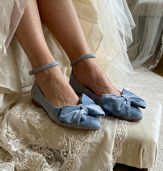 Light Blue Velvet Bow Ballet Flats SKY