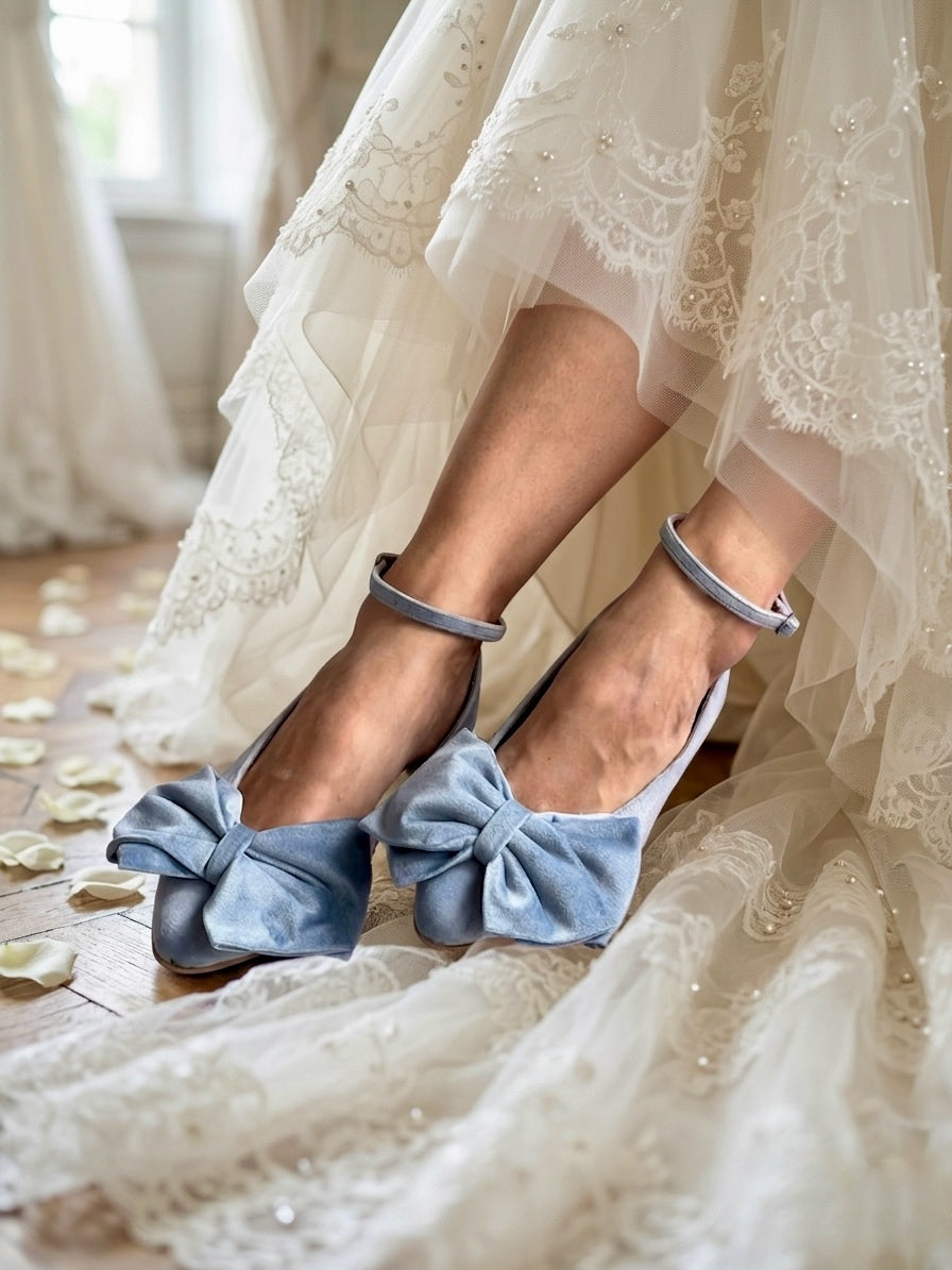 Light Blue Velvet Bow Ballet Flats SKY
