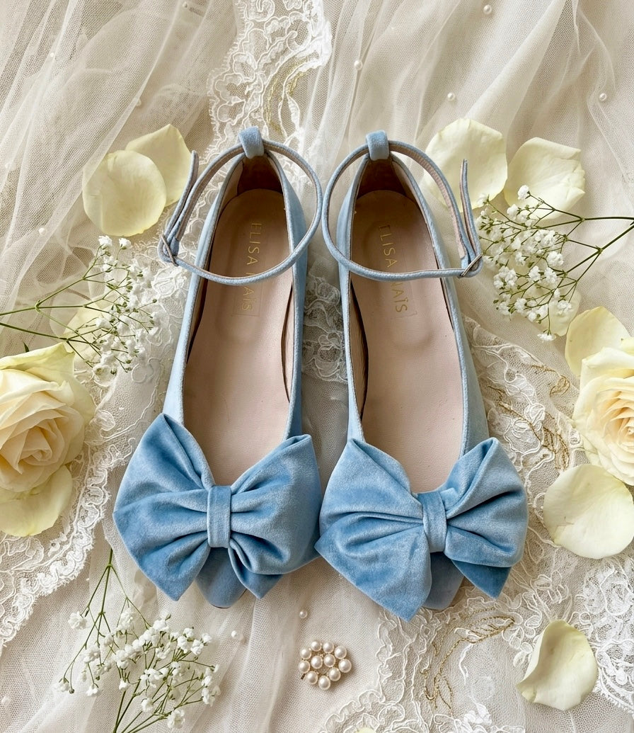 Light Blue Velvet Bow Ballet Flats SKY