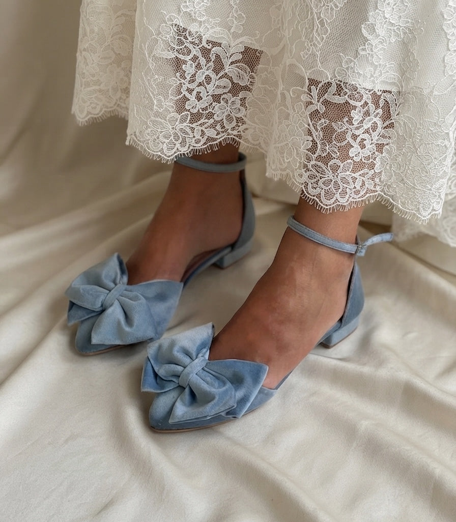 Dusty Blue Velvet Bow Flats MADDIE
