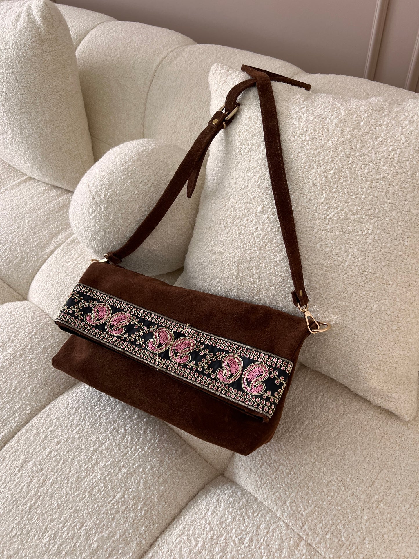 BELLA Chocolate Brown Suede Foldover Crossbody Bag