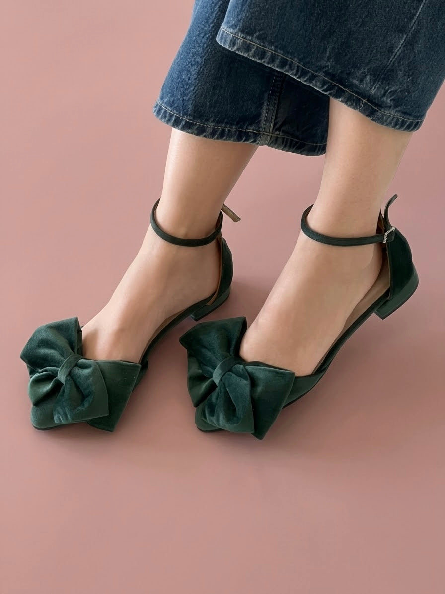 Emerald Velvet Bow Flats with Ankle Strap MADDIE