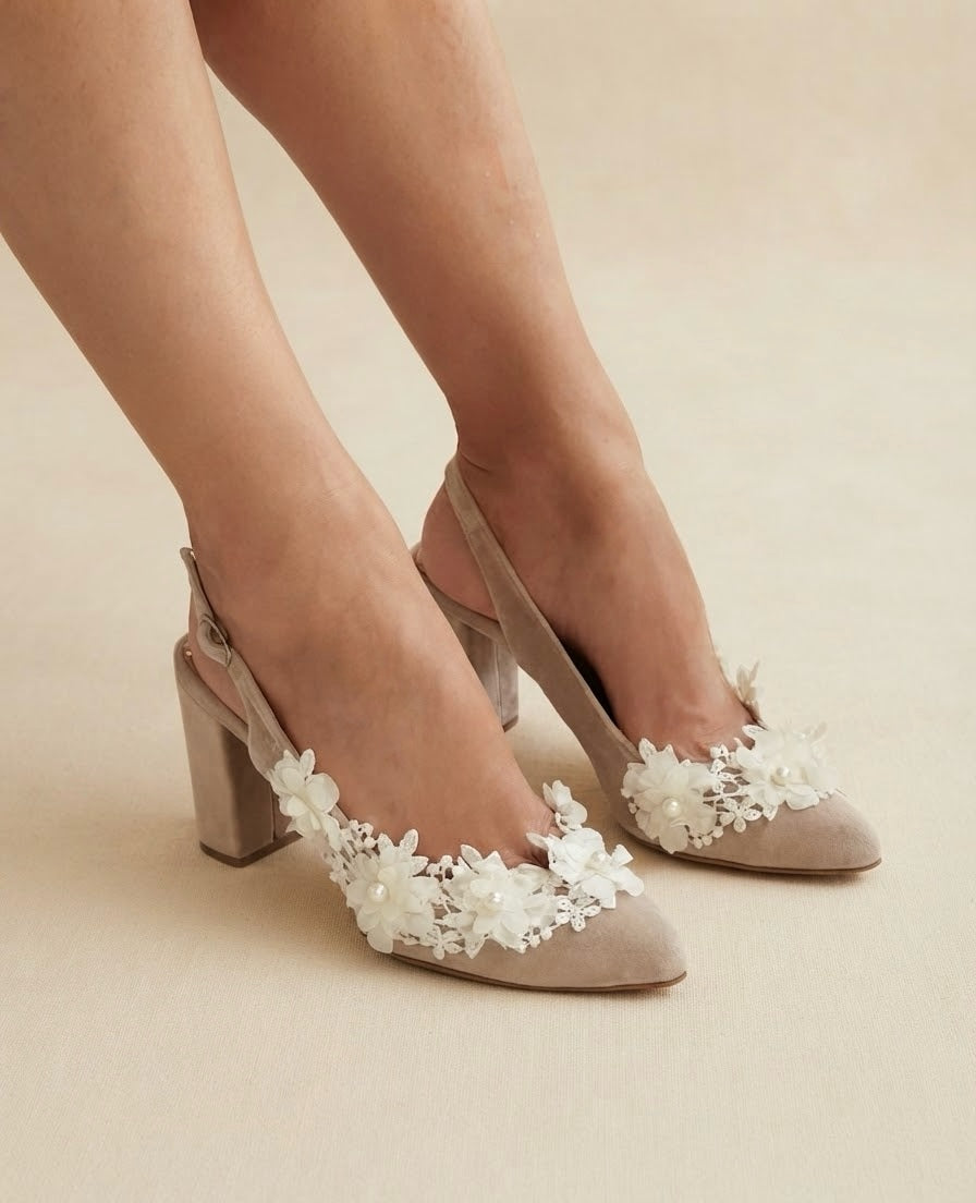 Beige Floral Velvet Block Heels AMELISE