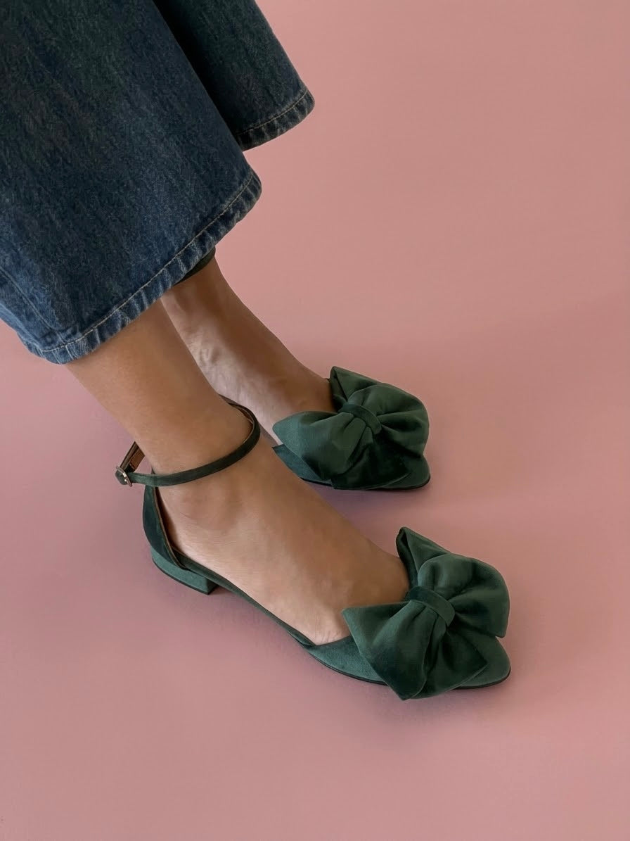 Emerald Velvet Bow Flats with Ankle Strap MADDIE