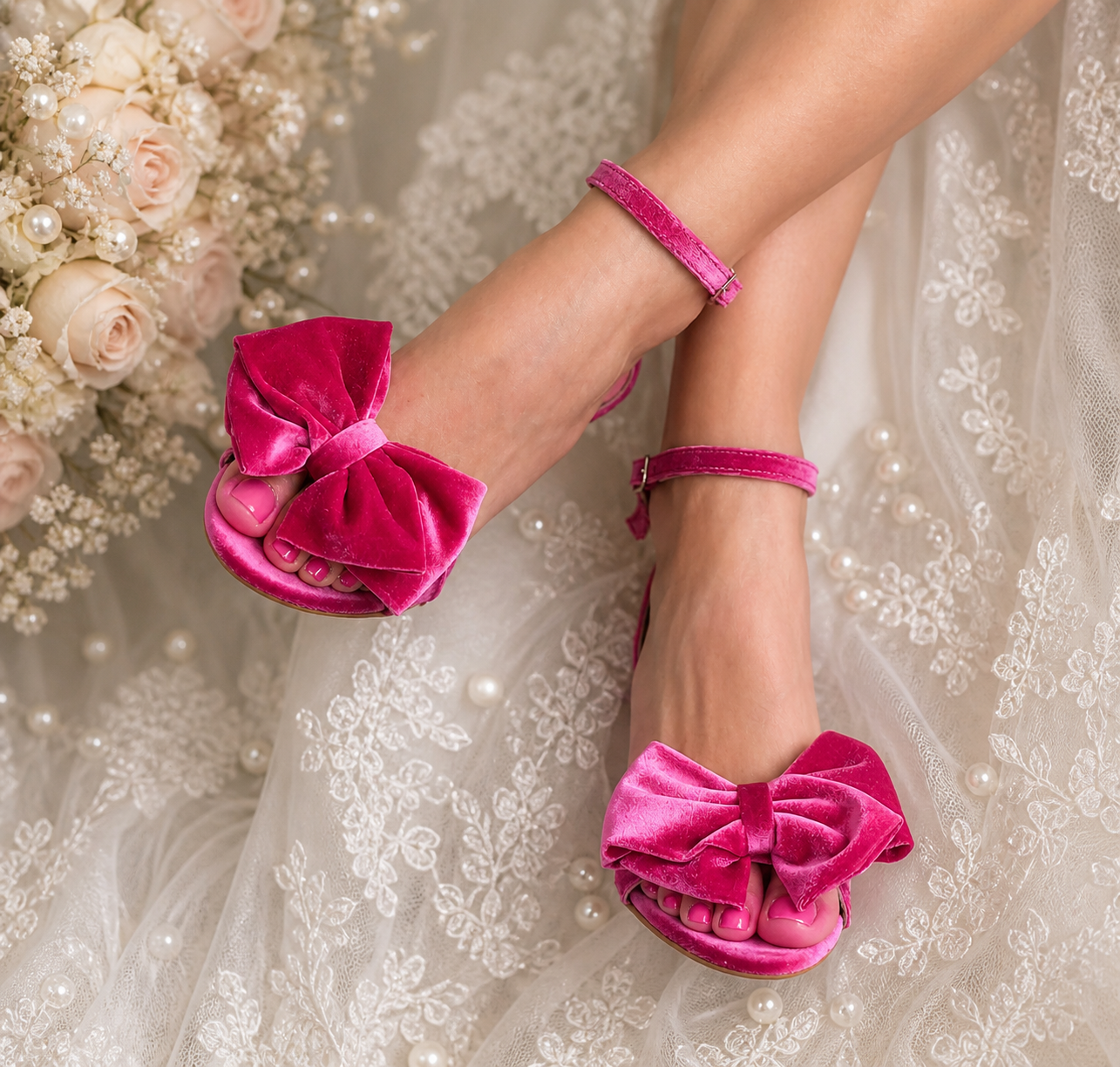 Fuchsia Pink Velvet Bow Sandals Enchanted