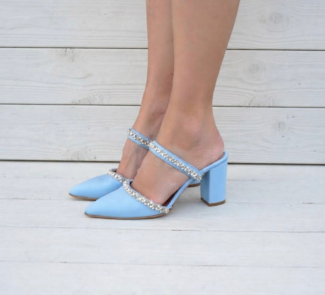 Baby Blue Satin Mules AURORA