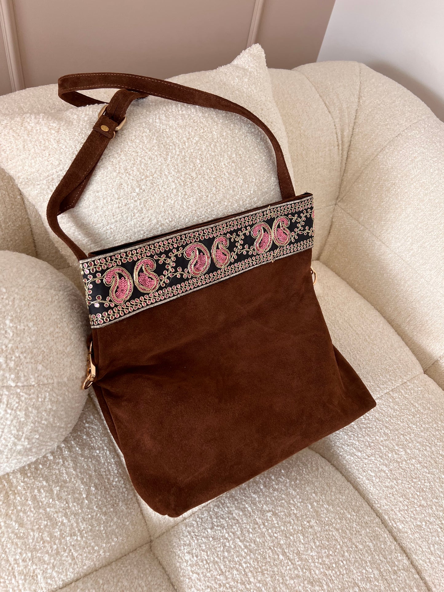 BELLA Chocolate Brown Suede Foldover Crossbody Bag