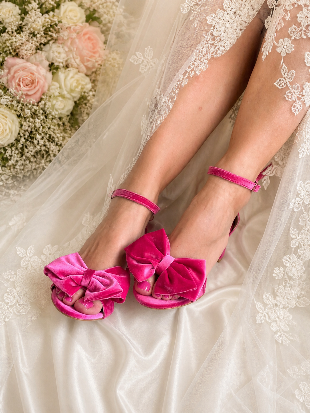 Fuchsia Pink Velvet Bow Sandals Enchanted