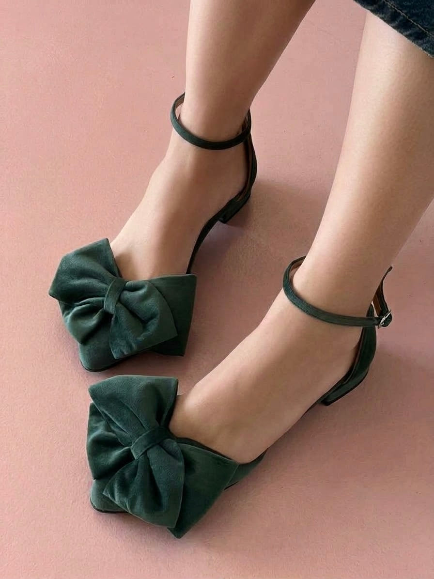 Emerald Velvet Bow Flats with Ankle Strap MADDIE
