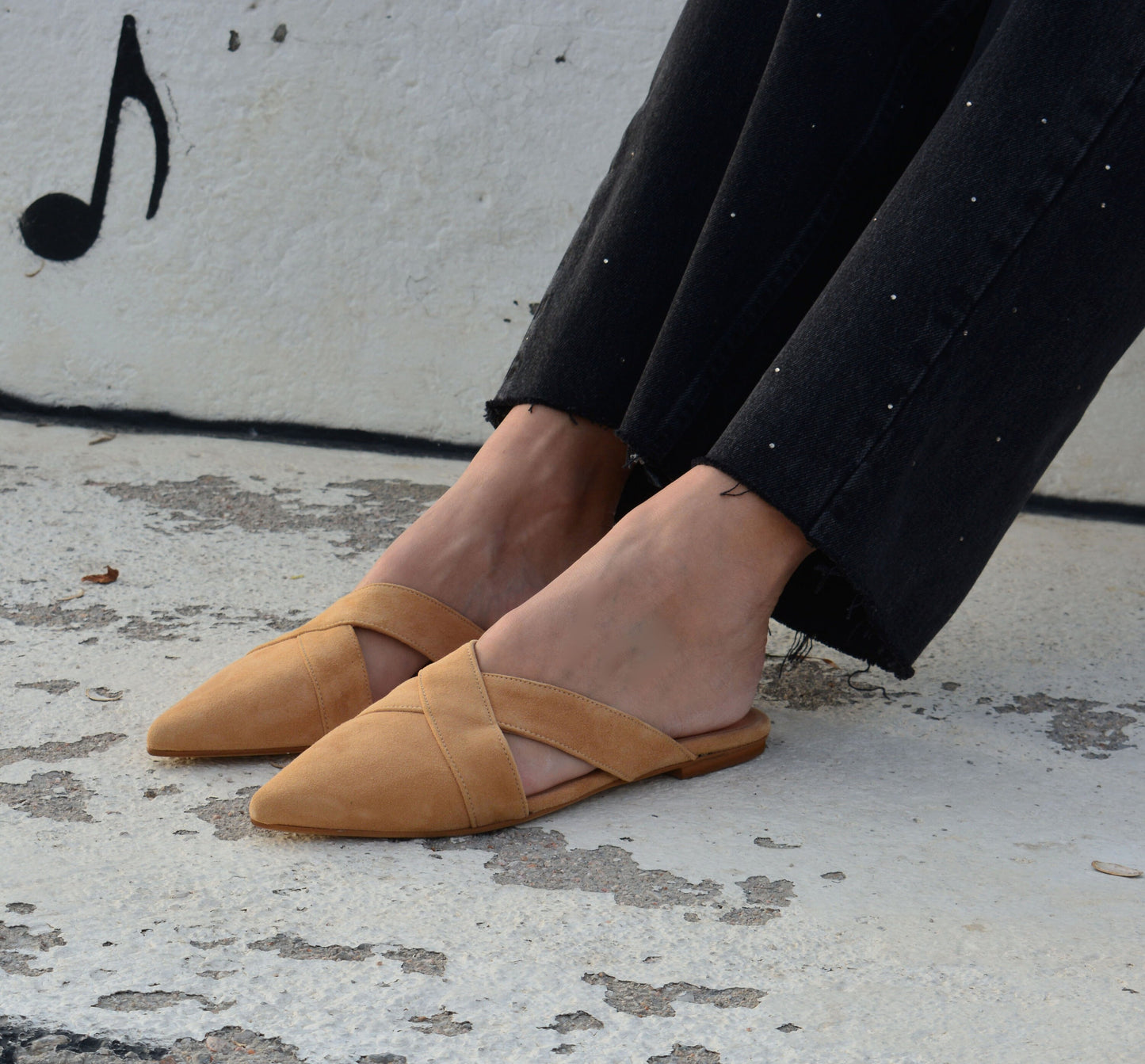 Camel Leather Pointed Mules CARLA