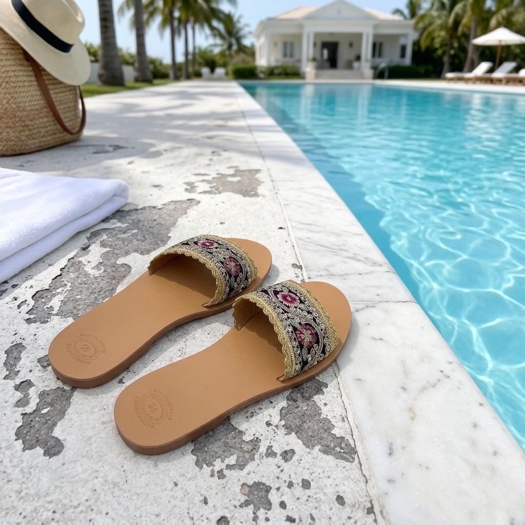 SONAL Ethnic Decorated Greek Slide Sandals