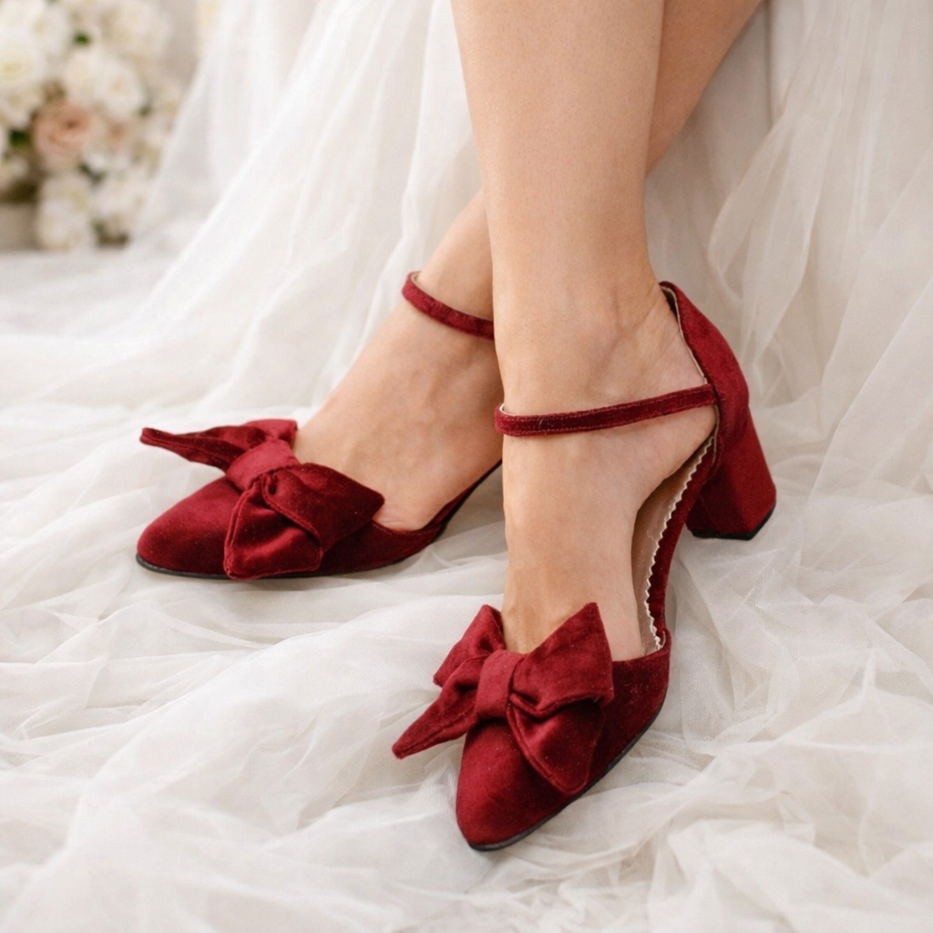 Block Heels Dark Red Wedding Shoes Merlot Wine Red Velvet Block Heels, Velvet Bow Heels, Burgundy Velvet  Pumps, Red Wedding Shoes, Red Bridal Shoes, Velvet Pumps ''Maddie''