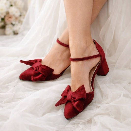 Merlot Wine Red Velvet Block Heels, Velvet Bow Heels, Burgundy Velvet Pumps, Red Wedding shoes, Red Bridal shoes, Velvet Pumps ''Maddie''