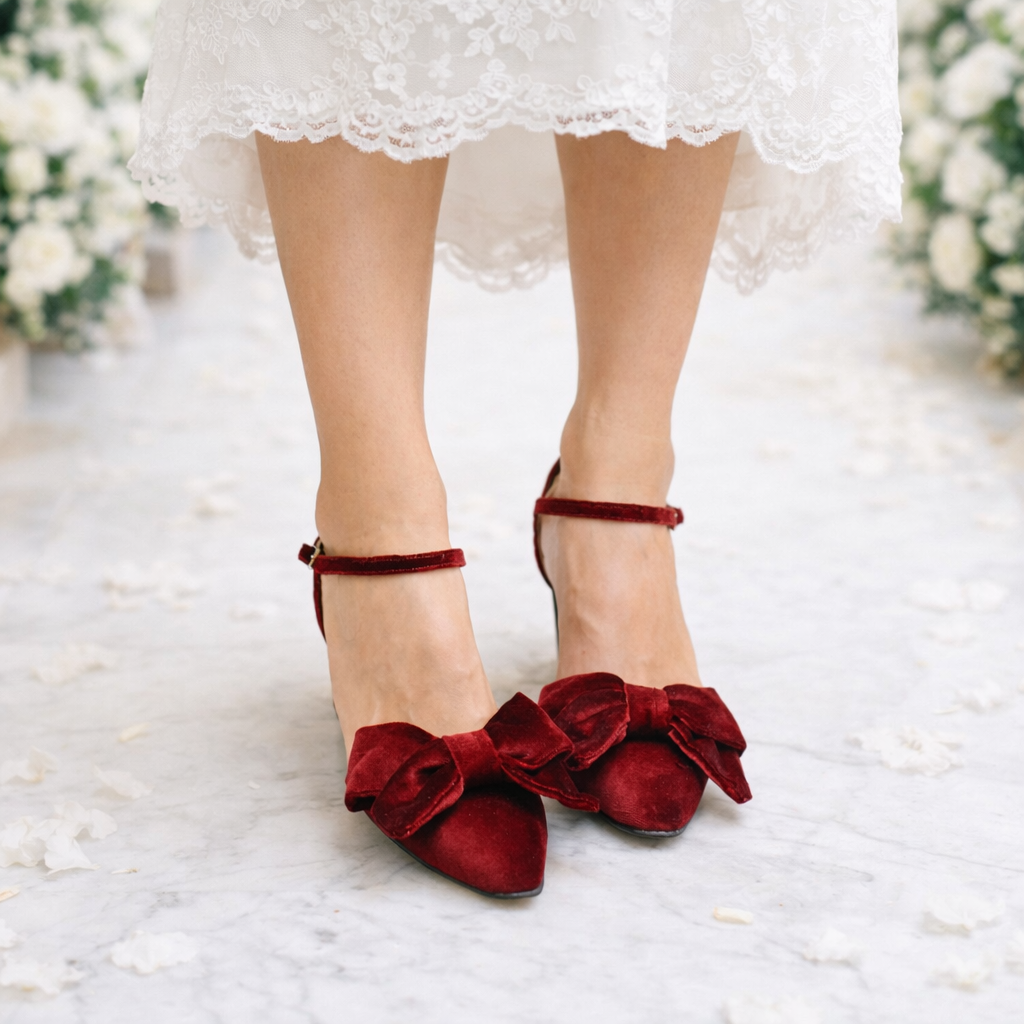 Merlot Wine Red Velvet Block Heels, Velvet Bow Heels, Burgundy Velvet Pumps, Red Wedding shoes, Red Bridal shoes, Velvet Pumps ''Maddie''