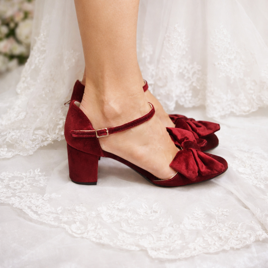 Merlot Wine Red Velvet Block Heels, Velvet Bow Heels, Burgundy Velvet Pumps, Red Wedding shoes, Red Bridal shoes, Velvet Pumps ''Maddie''