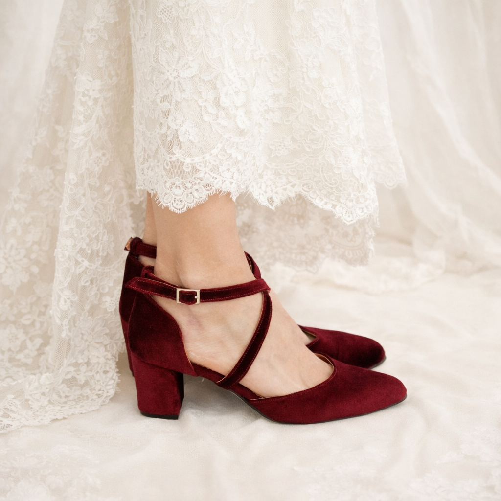 Velvet Block Heels, Burgundy Wedding shoes, Dark Red Velvet shoes, Bridal shoes, Red Velvet heels, Wedding shoes low heel, Dark Red Pumps