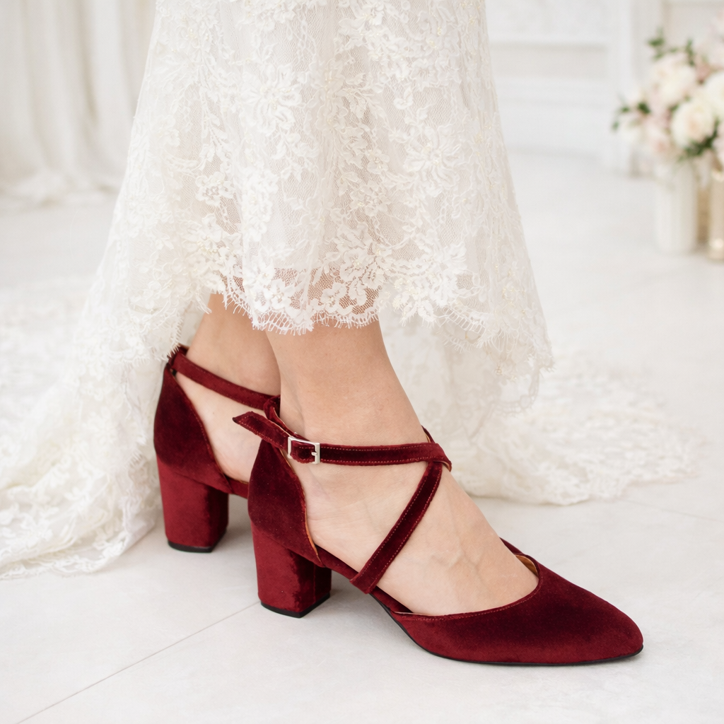 Velvet Block Heels, Burgundy Wedding shoes, Dark Red Velvet shoes, Bridal shoes, Red Velvet heels, Wedding shoes low heel, Dark Red Pumps