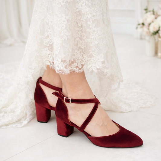 Velvet Block Heels, Burgundy Wedding shoes, Dark Red Velvet shoes, Bridal shoes, Red Velvet heels, Wedding shoes low heel, Dark Red Pumps